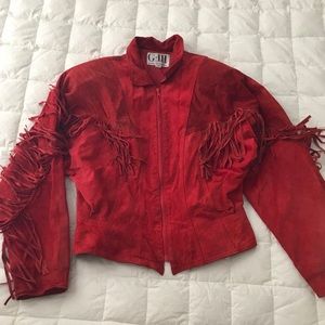 SOLD Vintage cherry red fringed leather jacket